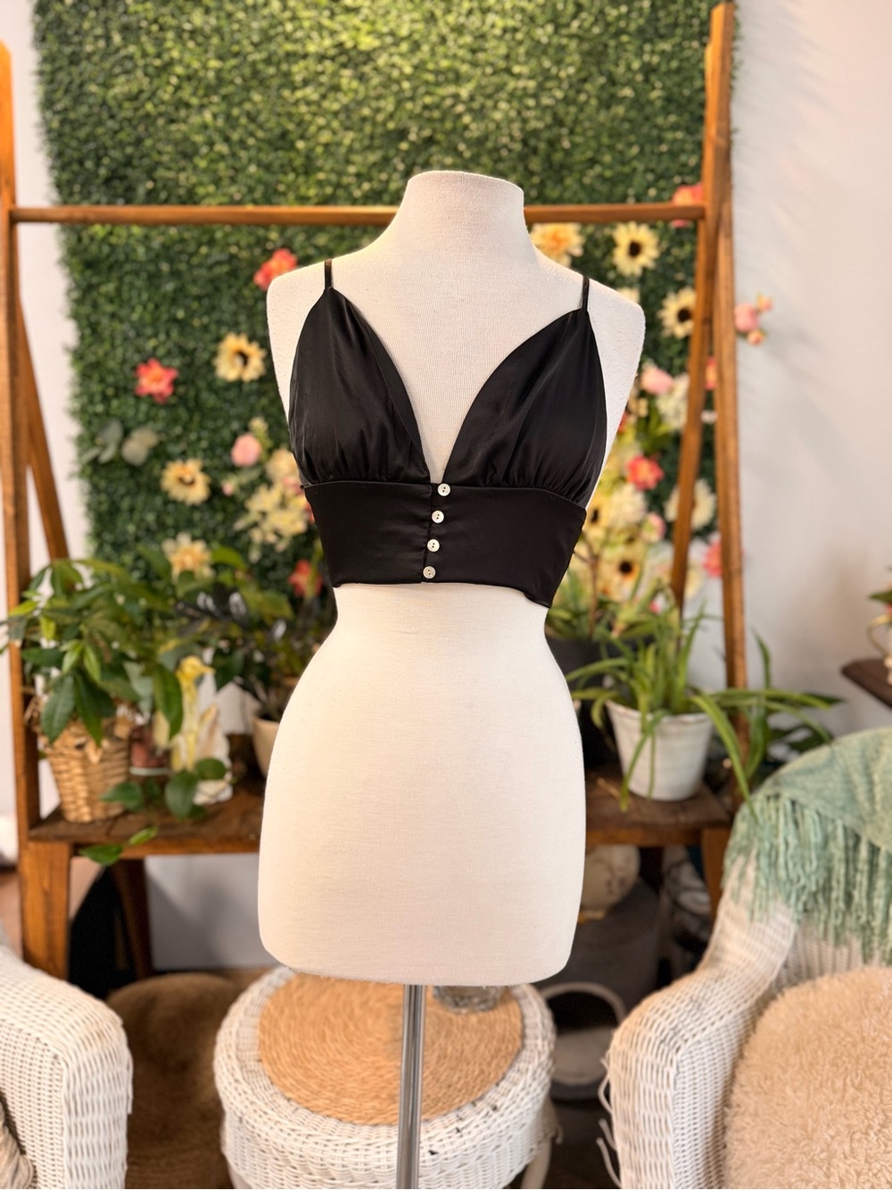 Forever 21 Black Satin Button-Front Crop Bralette